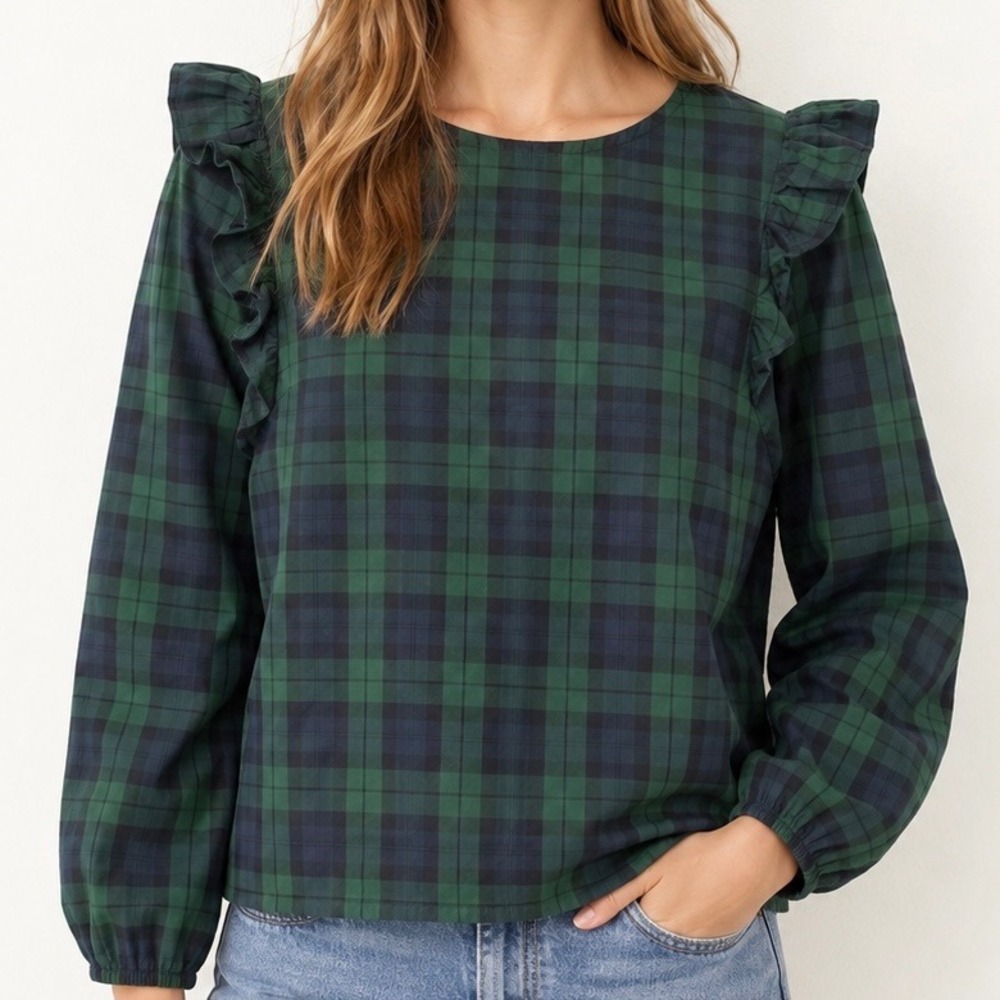 J.Crew Re-Imagined Black Watch Plaid Ruffle Shoulder Blouse Green Navy Small